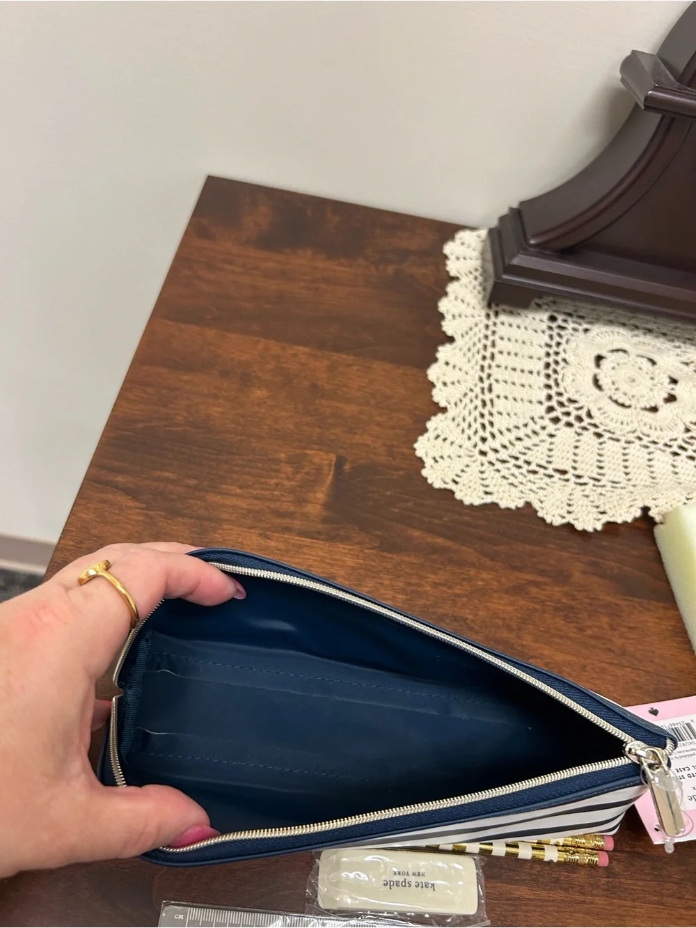 kate spade Navy and White Striped pencil Pouch
